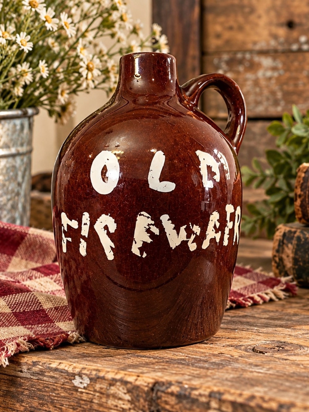 Brown Rustic Ceramic Jug Vase with White Lettering Old Firewater